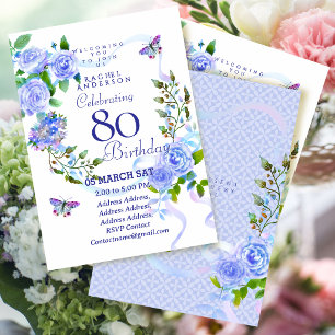 Blaue Rose Ribbon 80. Geburtstagseinladung Einladung