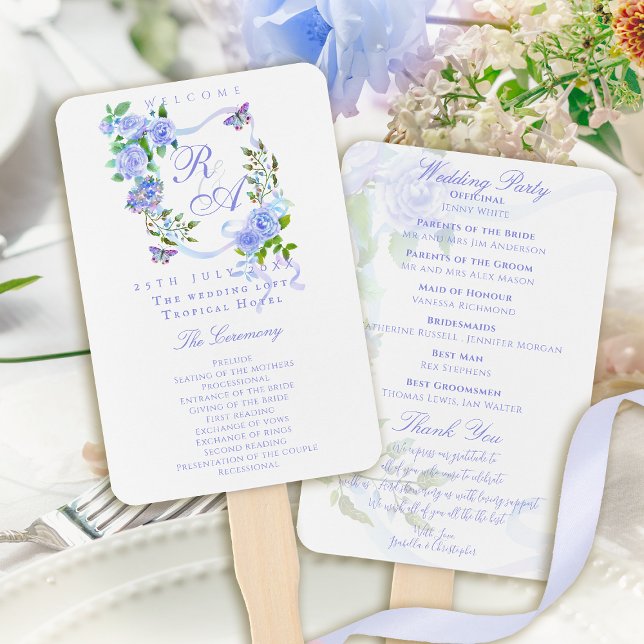 Blaue Rose-Ribbon-Monogramm-Hochzeit Fächer (Blue Rose Ribbon Monogram Wedding Hand Fan Program)