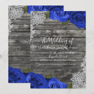 Blaue Rose Rustikales Holzschnitt Hochzeit Einladung