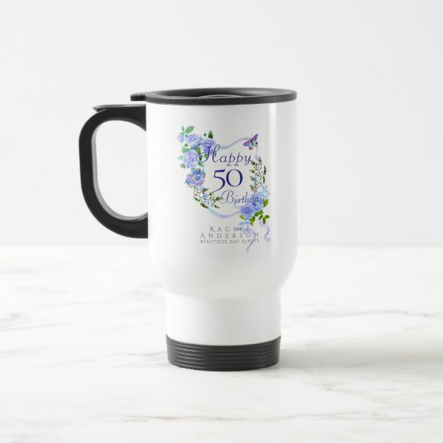 Blaue Rose Schleife 50. Geburtstag Reisebecher (Links)