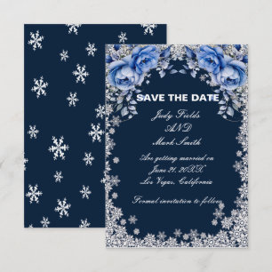 Blaue Rose Schneeflocken Weihnachtskarte Save the  Date