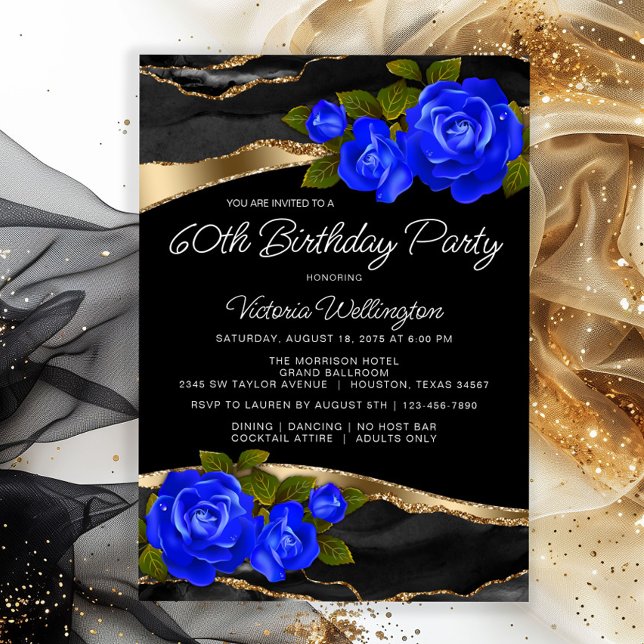 Blaue Rose Schwarzes Gold beliebiger Zahl Geburtst Einladung (Elegant blue roses on a beautiful black and gold background any number birthday or event invitation.)