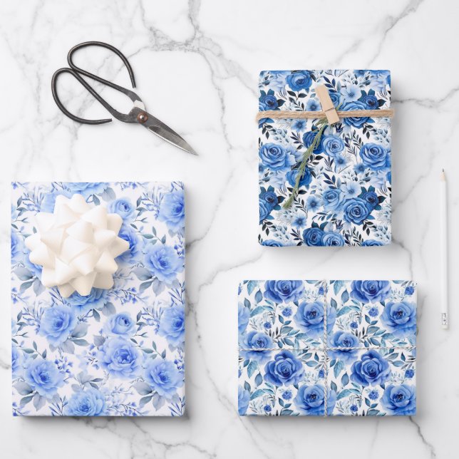 Blaue Rose Umpackpapier Vintage Rose Geschenkpapier Set (Vorderseite)