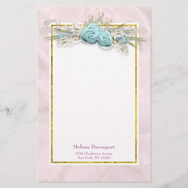 Blaue Rose und Crown Floral Bouquet Briefpapier (Vorderseite)