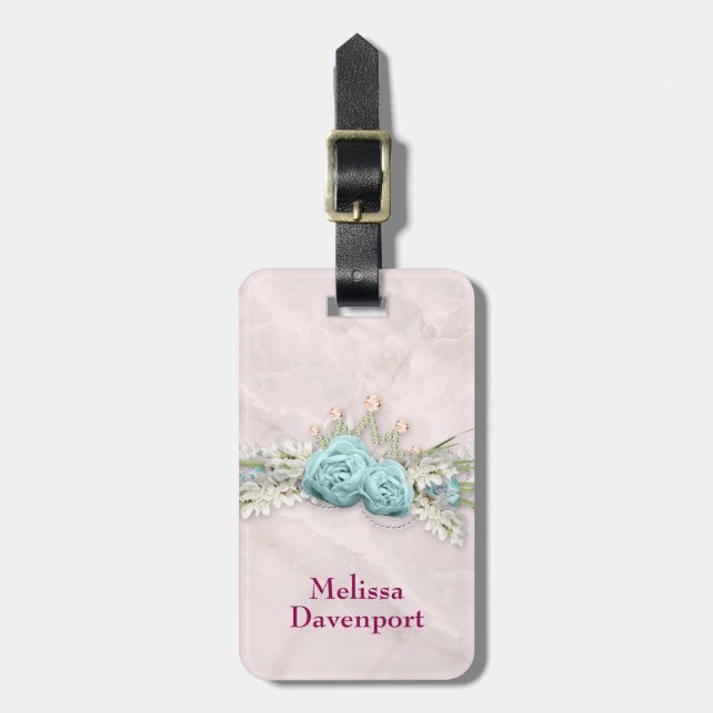 Blaue Rose und Crown Floral Bouquet Gepäckanhänger (Vorderseite vertikal)