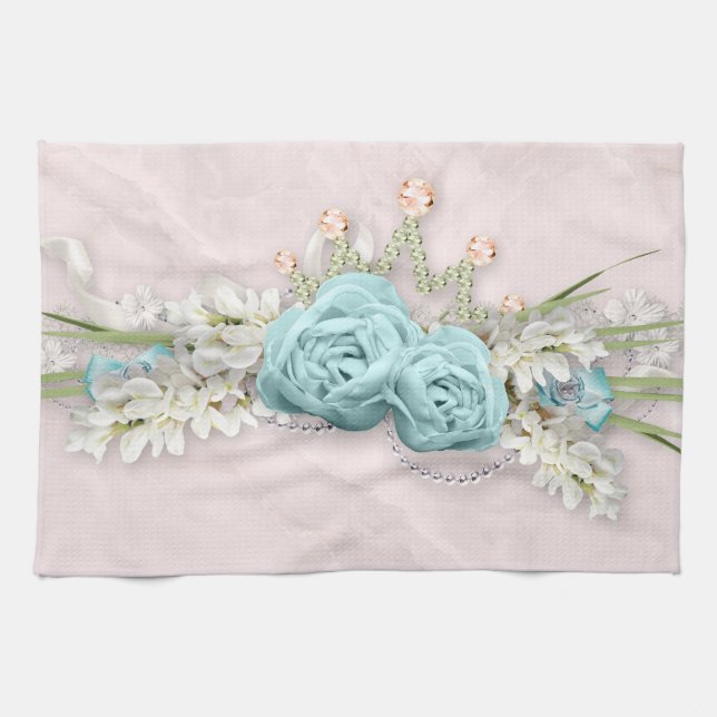 Blaue Rose und Crown Floral Bouquet Geschirrtuch (Horizontal)