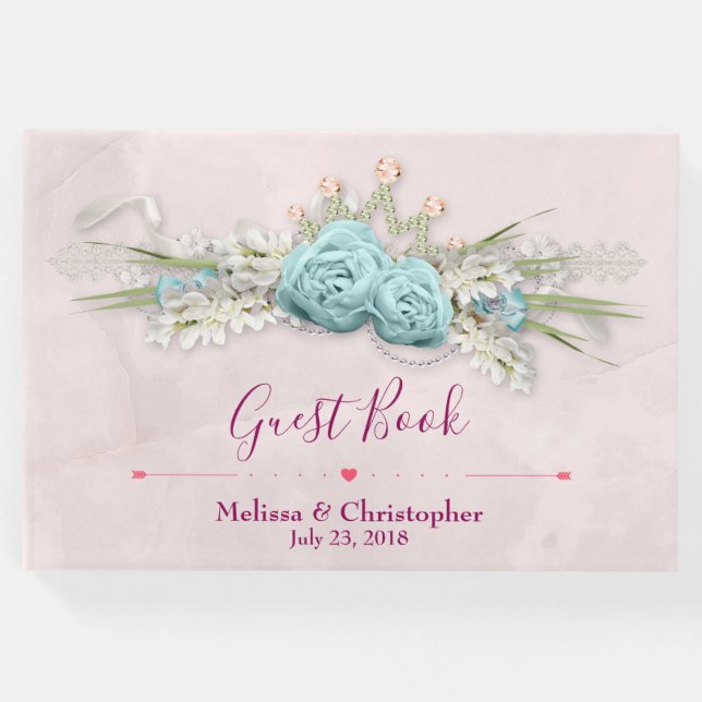 Blaue Rose und Crown Floral Bouquet Wedding Gästebuch (Vorderseite)