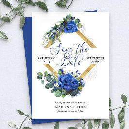 Blaue Rose und Eukalyptus Elegantes Quinceanera Save The Date