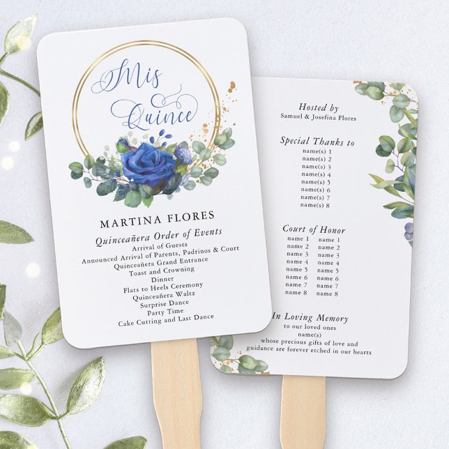 Blaue Rose und Eukalyptusorden Fächer (Mis Quince Programs, printed on hand fans. Add any info you wish such as order of events, VIP names)