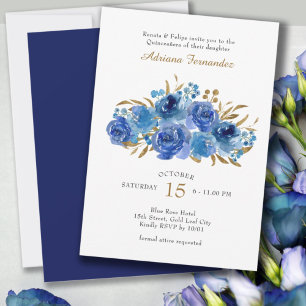 Blaue Rose und Goldblatt Quinceanera Einladung
