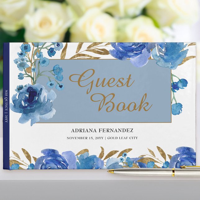 Blaue Rose und Goldene Leaf-Feier Gästebuch (Blue rose floral guest book from my Rose and Gold Leaf quinceanera collection)