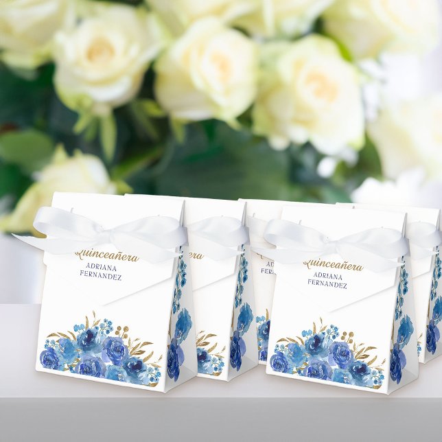 Blaue Rose und Goldleaf, Personalisierte Blüte Geschenkschachtel (Blue rose floral favor boxes from my Rose and Gold Leaf quinceanera collection)