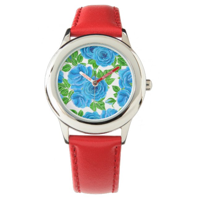 Blaue Rose Wasserfarbenmuster Armbanduhr (Vorderseite)