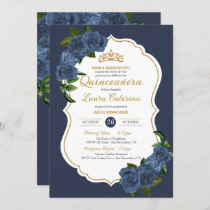 Blaue Rose Weiß und Gold Elegantes Quinceanera Einladung