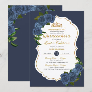 Blaue Rose Weiß und Gold Elegantes Quinceanera Einladung