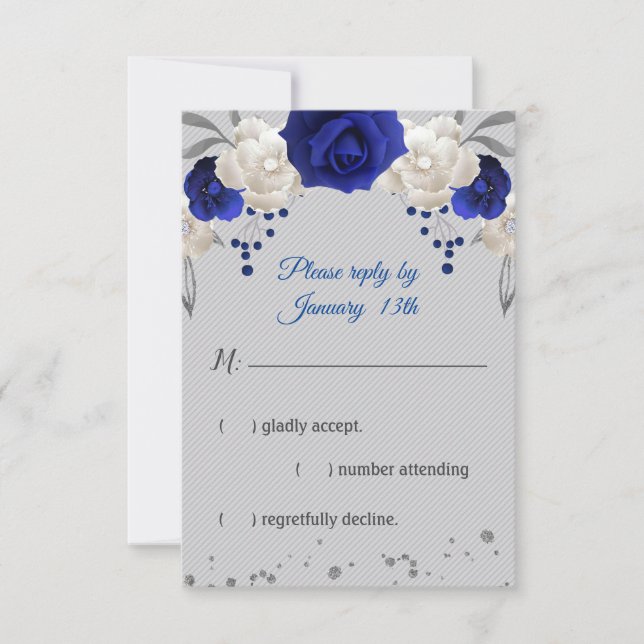 Blaue Rose, weiße Blume, graue Rsvp-Karte RSVP Karte (Vorderseite)
