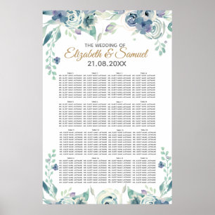 Blaue Rosen-Aquarell-Blumen-Hochzeitssitzplan Poster