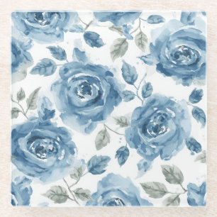 Blaue Rosen Aquarell Botanische Blüten Floral Glasuntersetzer