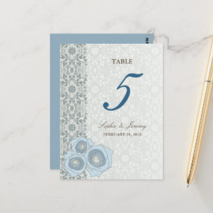 Blaue Rosen Damastspitze Chic Hochzeit Tischzahl Postkarte