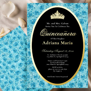 Blaue Rosen Elegante Goldene Florale Quinceanera Folieneinladung