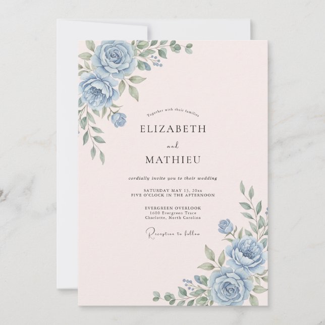 Blaue Rosen Florale Hochzeit Einladung (Vorderseite)