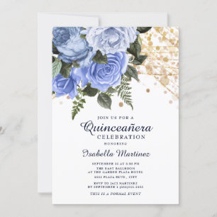 Blaue Rosen Gold Glitter Lichterkette Quinceañera Einladung