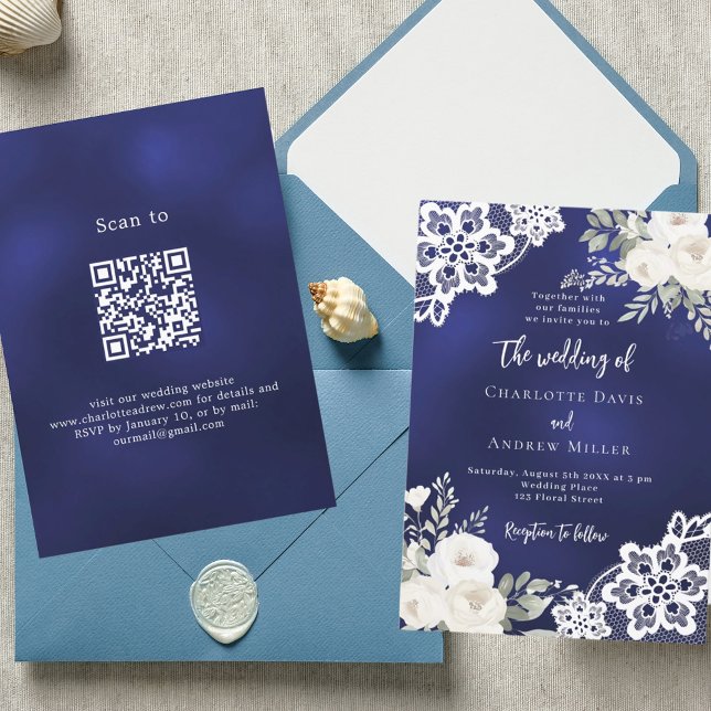 Blaue Rosen in Navy QR-Code Hochzeit Einladung (Von Creator hochgeladen)