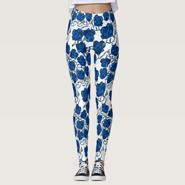 Blaue Rosen Leggings (Vorderseite)