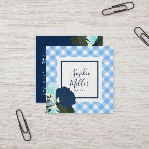 Blaue Rosen mit Blumen und blauer Gingham Quadratische Visitenkarte