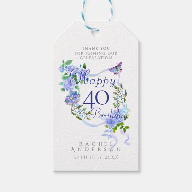 Blaue Rosen-Schleife 40. Geburtstag Geschenkanhänger (Vorderseite)