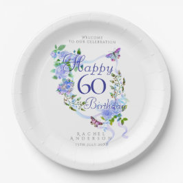 Blaue Rosen-Schleife 60. Geburtstag Pappteller