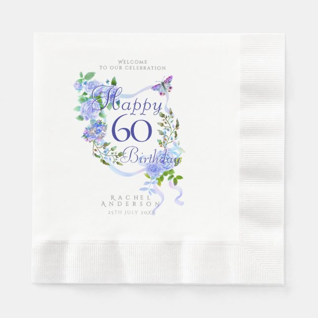 Blaue Rosen-Schleife 60. Geburtstag Serviette (Vorderseite)