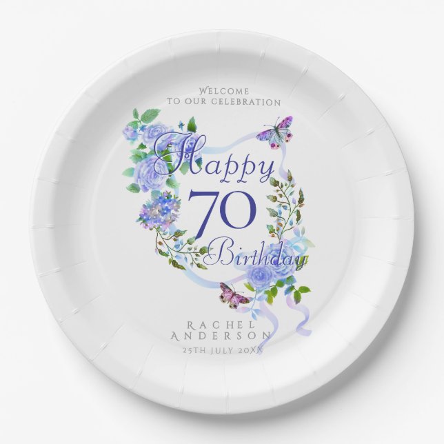 Blaue Rosen-Schleife 70. Geburtstag Pappteller (Vorderseite)