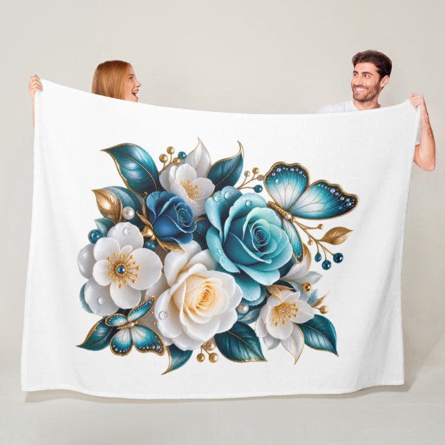 Blaue Rosen-Schmetterling-Blumen-Fliesendecke Fleecedecke (Beispiel)