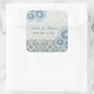 Blaue Rosen Vintage-Damasken-Spitze Hochzeit Gesch Quadratischer Aufkleber
