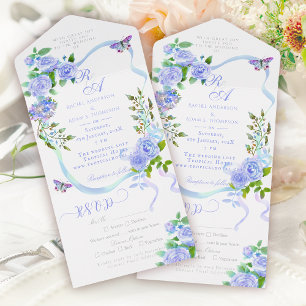 Blaue Rosenband-Monogramm-Hochzeitseinladung All In One Einladung
