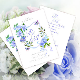 Blaue Rosenband-Monogramm-Hochzeitseinladung Einladung