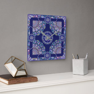 Blaue Rosette Quadratische Wanduhr