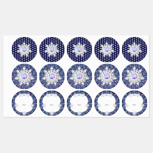 Blaue Rosette & Schneeflocke Etiketten