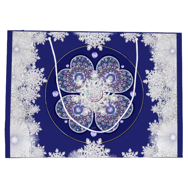 Blaue Rosette & Schneeflocke Große Geschenktüte (Rückseite)
