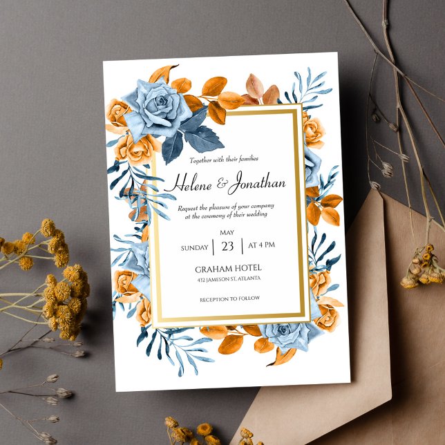 Blaue Rost Wasserfarben Blumen Elegante Hochzeit Einladung (Indigo Rust Floral Watercolor Boho Wedding Invitation)