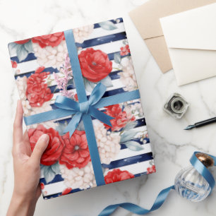 Blaue rote Anker Blumen Streifen Strand Geburtstag Geschenkpapier