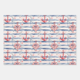 Blaue rote Anker Blumen Streifen Strand Geburtstag Geschenkpapier Set