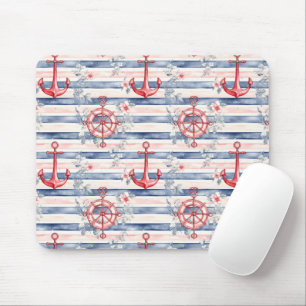 Blaue rote Anker Blumen Streifen Strand  Mousepad