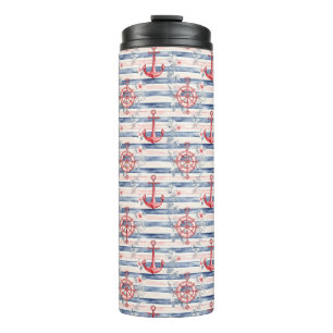 Blaue rote Anker Blumen Streifen Strand Thermosbecher