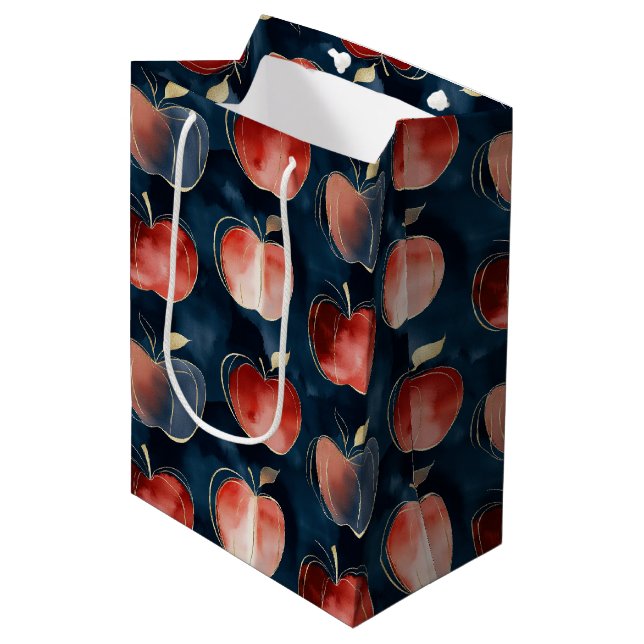 Blaue Rote Äpfel Bester Lehrer   Mittlere Geschenktüte (Vorderseite Schrägansicht)