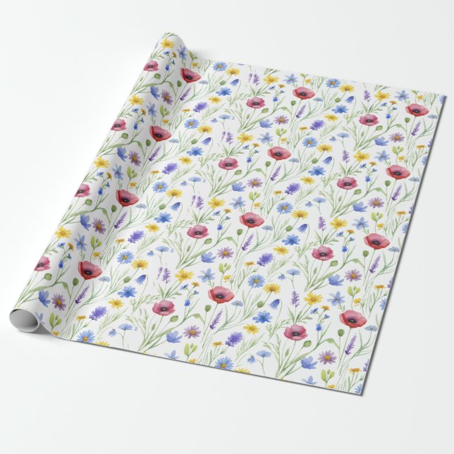 Blaue rote Aquarell-Wildblume Geschenkpapier (Ungerollt)