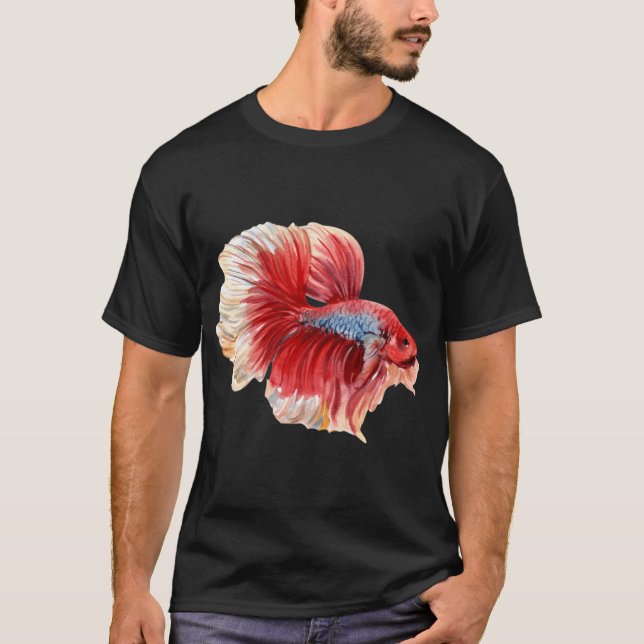 Blaue-Rote Kampffisch-Wasserfarbe T-Shirt (Vorderseite)