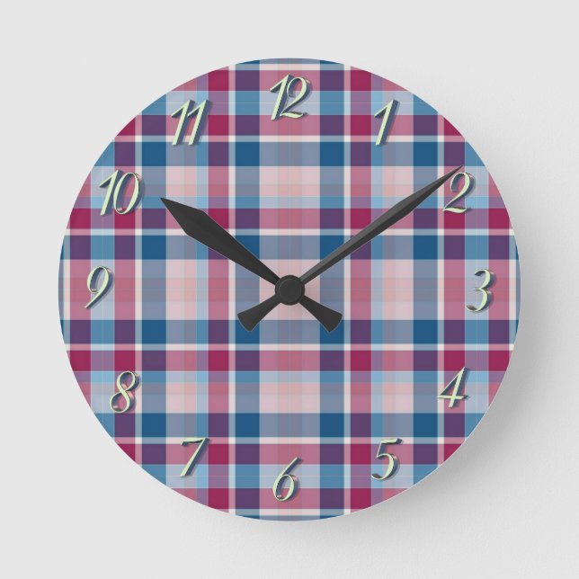 Blaue rote klassische Karos Runde Wanduhr (Vorderseite)