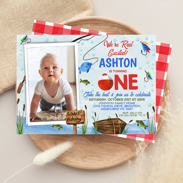 Blaue Rote Ofischrolle Erregt Angeln 1. Geburtstag Einladung (Boys Fishing 1st Birthday Invitation Ofishally One Reel Excited Big One, Fishing Themed 1st Birthday)